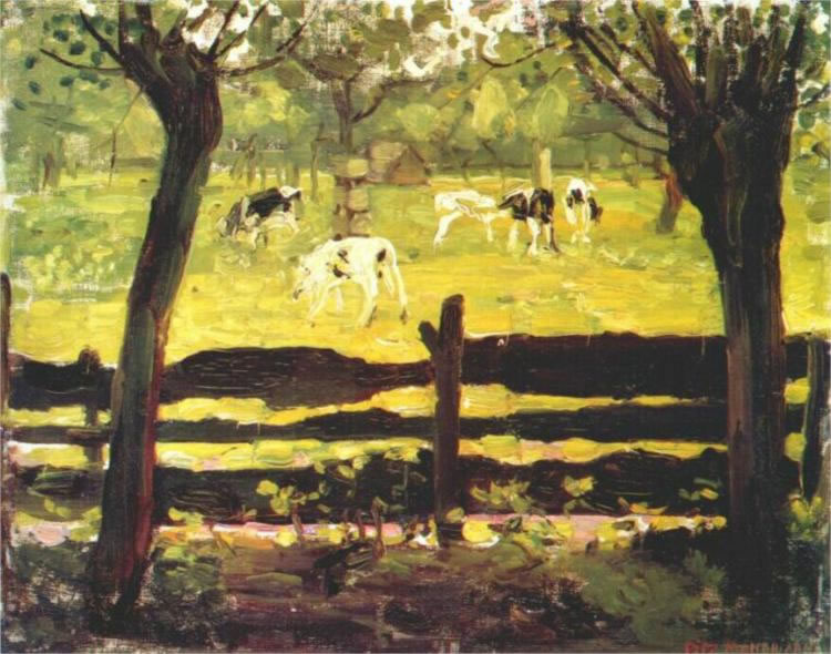 Piet Mondrian - Calves in a field bordered by willow trees